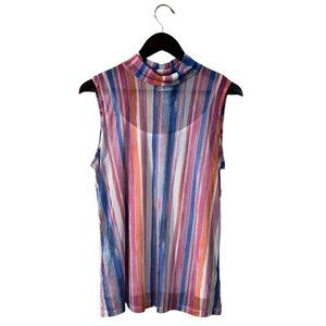 Heather's Closet Blouse Size Medium Mesh Layered Twofer Candy Striped Mock Neck